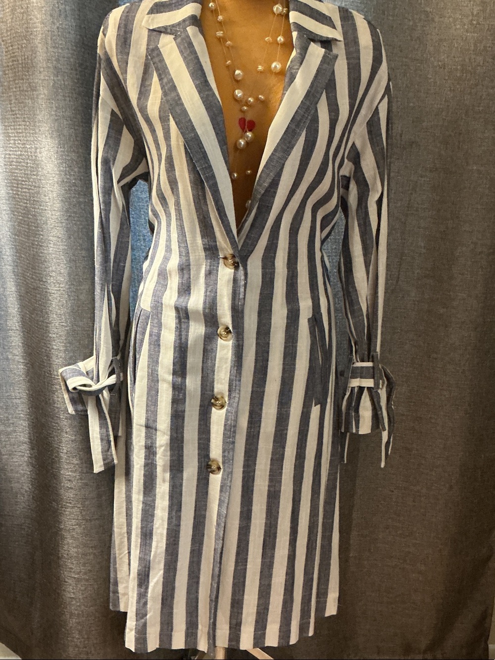 J.O.A. Navy and White Vertical Stripe Midi Shirt Dress